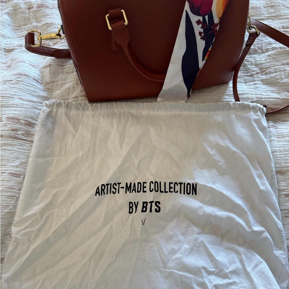 Brown Leather Handbag with Scarf Accent